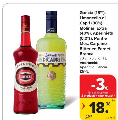 Promotie: Aperitivo Gancia, Limoncello di Capri, Molinari Extra, Aperiniets, Punt e Mes, Carpano Bitter en Fernet Branca