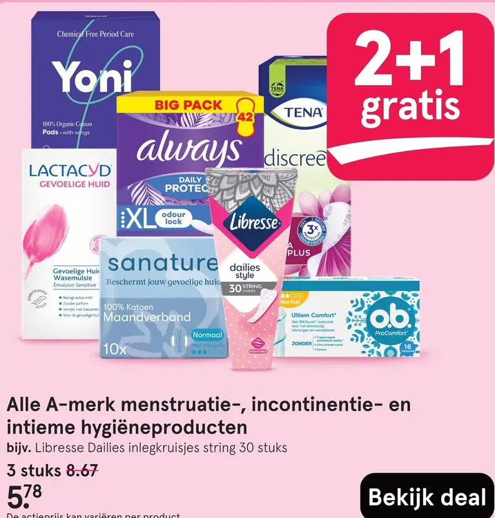 Aanbieding: Alle A-merk menstruatie-, incontinentie- en intieme hygiëneproducten