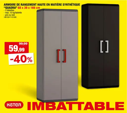 Offre: Keter Quadra armoire de rangement haute 68x39x166 cm noir
