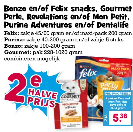Aanbieding: Bonzo en/of Felix snacks, Gourmet Perle, Revelations en/of Mon Petit, Purina Adventuros en/of Dentalife