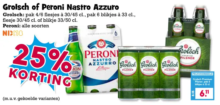 Aanbieding: Grolsch or Peroni Nastro Azzuro