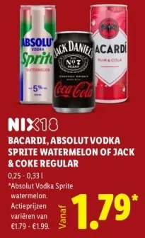 Aanbieding: Bacardi, Absolut Vodka Sprite Watermelon of Jack & Coke Regular