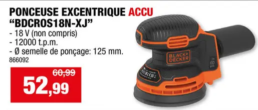 Offre: Black+Decker BDCROS18N-XJ ponceuse excentrique sans fil 18V Li-Ion batterie non comprise + maille abrasive