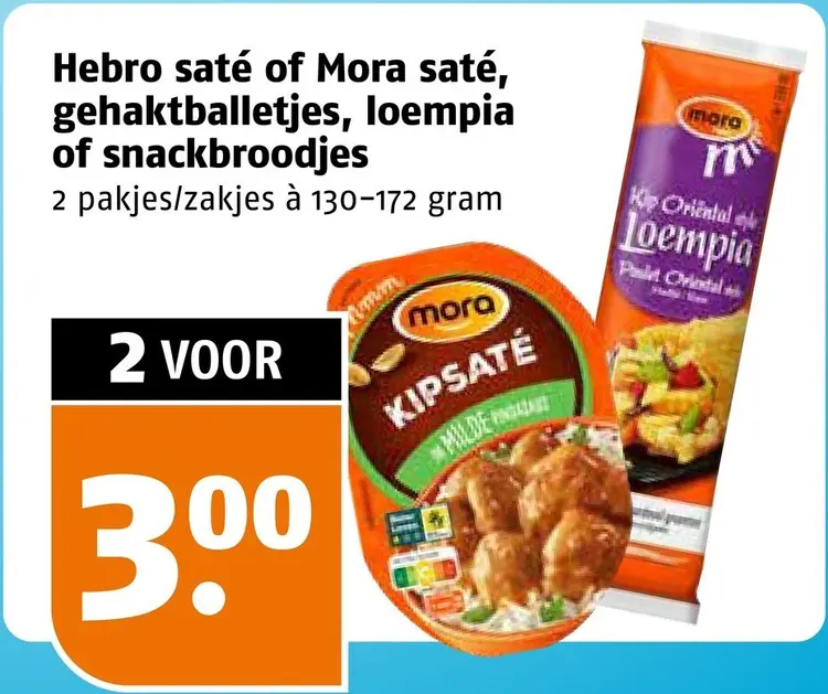 Aanbieding: Saté of Mora saté, gehaktballetjes, loempia of snackbroodjes