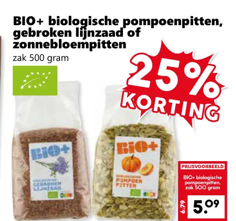 Aanbieding: biologische pompoenpitten, gebroken lijnzaad of zonnebloempitten