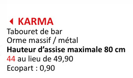 Offre: Tabouret de bar Karma HA59cm orme massif/métal