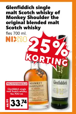 Aanbieding: Glenfiddich single malt Scotch whisky of Monkey Shoulder the original blended malt Scotch whisky