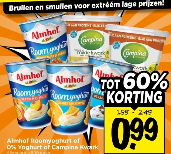 Roomyoghurt of 0% Yoghurt of Campina Kwark