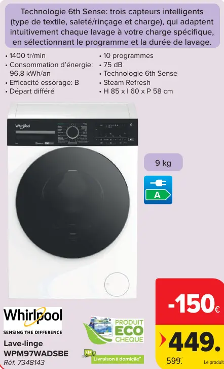 Offre: Lave-linge WPM97WADSBE