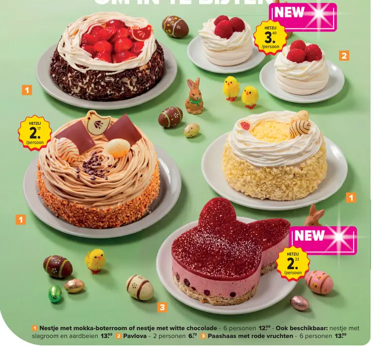 Promotie: Diverse taarten voor Pasen, zoals: Nestje met mokka-boterroom of nestje met witte chocolade