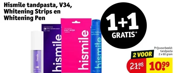 Aanbieding: Hismile tandpasta, V34, Whitening Strips en Whitening Pen