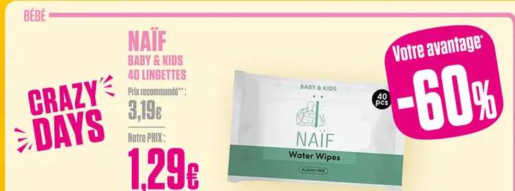 Offre: Naïf Baby&Kids Lingettes 40 Pièces