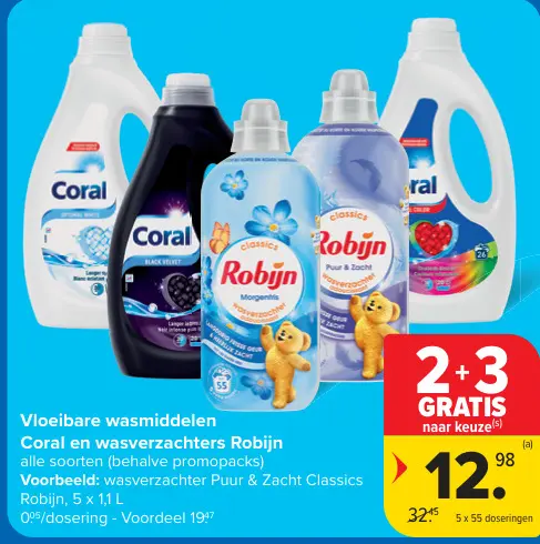 Aanbieding: Vloeibare wasmiddelen Coral en wasverzachters