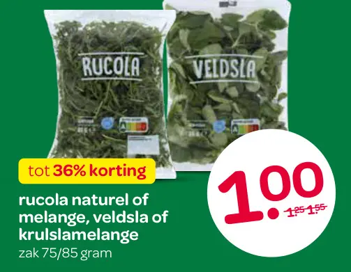 Aanbieding: Rucola naturel of melange, veldsla of krulslamelange