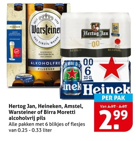 Aanbieding: Hertog Jan, Heineken, Amstel, Warsteiner of Birra Moretti alcoholvrij pils