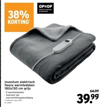 Aanbieding: elektrisch fleece warmtedeken 180x130 cm grijs