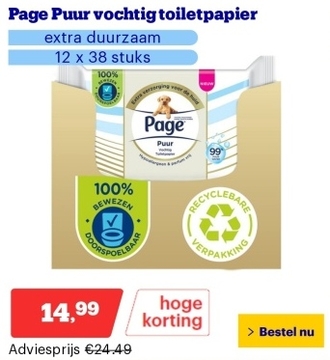Aanbieding: Page Puur vochtig toiletpapier - extra duurzaam vochtig wc papier - 12 x 38 stuks - voordeelverpakking