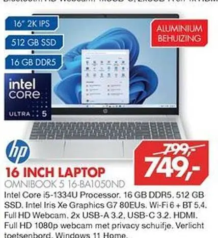 Aanbieding: 16 inch laptop omnibook 5 16-ba1050nd
