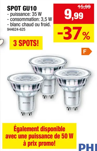 Offre: Philips spot LED GU10 3,5W blanc chaud 3 pièces