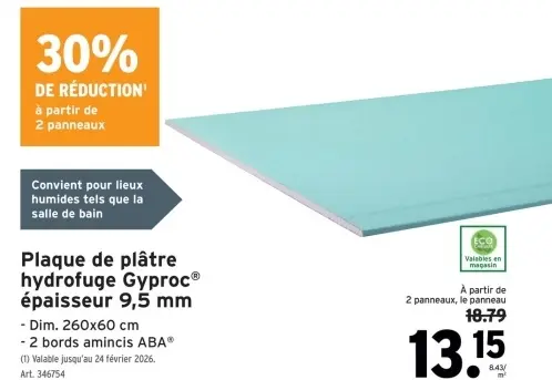 Offre: Plaque de plâtre hydrofuge