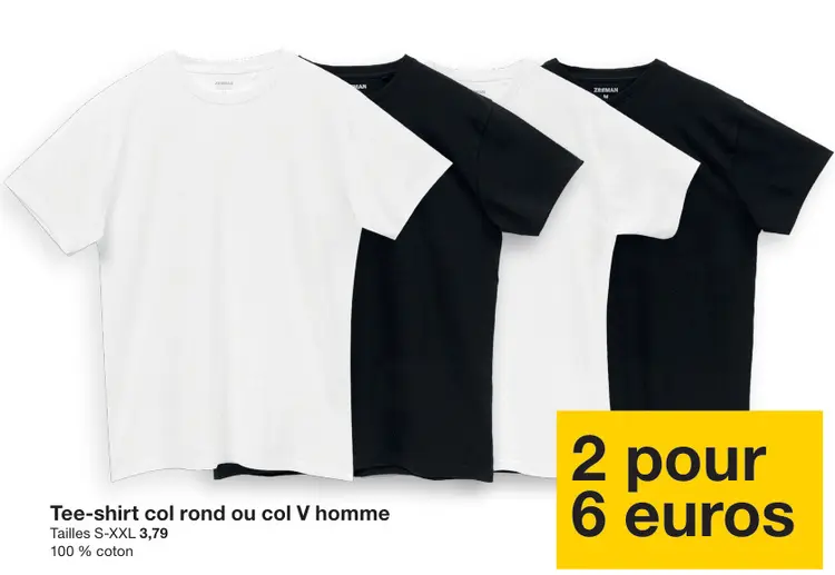 Offre: Tee-shirt col rond ou col V homme