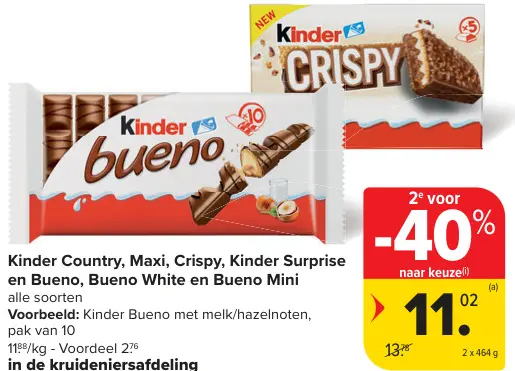Promotie: Kinder Country, Maxi, Crispy, Kinder Surprise en Bueno, Bueno white en Bueno mini