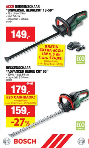 Promotie: Bosch AdvancedlHedgeCut 65 elektrische heggenschaar 500W 65cm