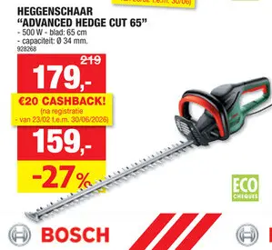 Promotie: Bosch AdvancedlHedgeCut 65 elektrische heggenschaar 500W 65cm