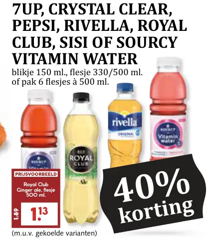 Aanbieding: 7UP, Crystal Clear, Pepsi, Rivella, Royal Club, Sisi of Sourcy Vitamin Water