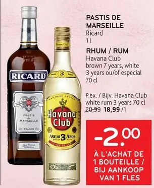 Offre: PASTIS DE MARSEILLE Ricard / RHUM Havana Club