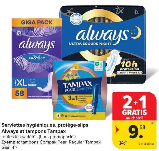Offre: Serviettes hygiéniques, protège-slips Always 