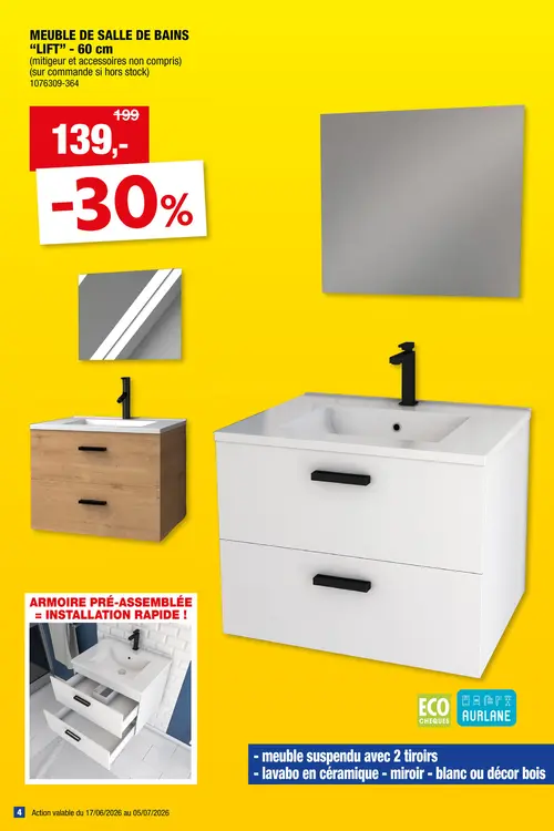 Offre: Aurlane Lift meuble salle de bain set 60cm avec vasque et miroir blanc