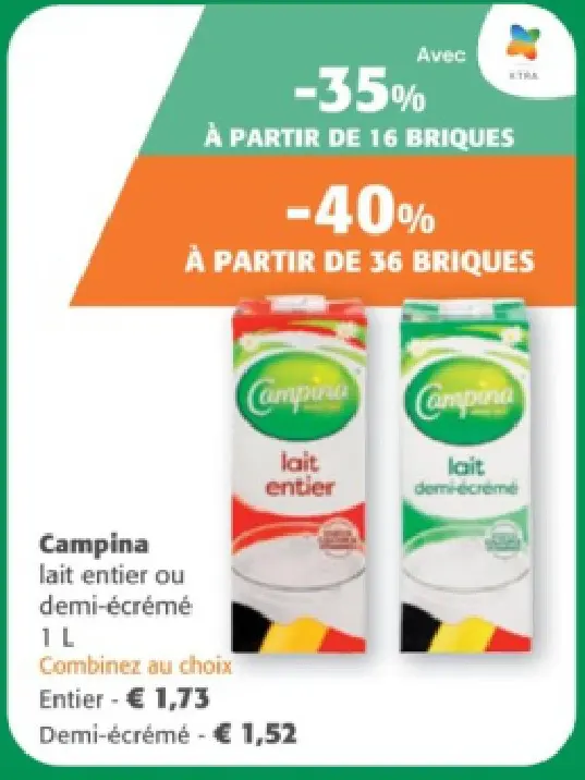 Offre: Campina lait entier ou demi-écrémé
