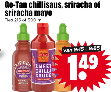 Aanbieding: Go-Tan chillisaus, sriracha of sriracha mayo