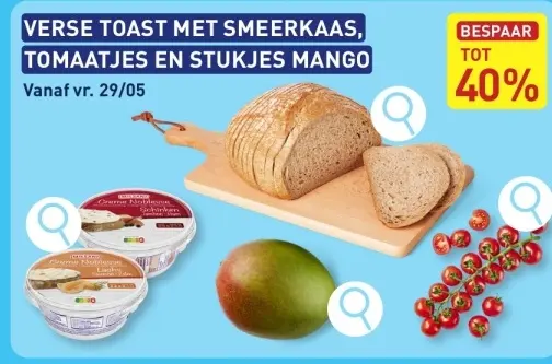 Promotie: Verse toast met smeerkaas, tomaatjes en stukjes mango