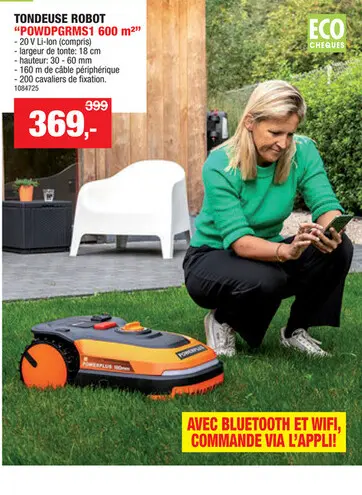 Offre: Powerplus Dual Power POWDPGRMS1 tondeuse robot sans fil 20V Li-Ion 600m² + chargeur