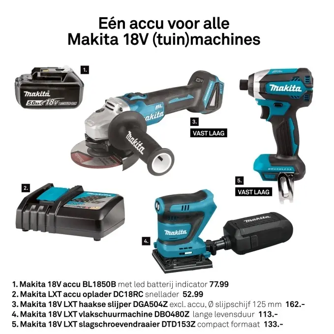 Aanbieding: Accu BL1850B, oplader DC18RC, haakse slijper DGA504Z, vlakschuurmachine DBO480Z of slagschroevendraaier DTD153Z