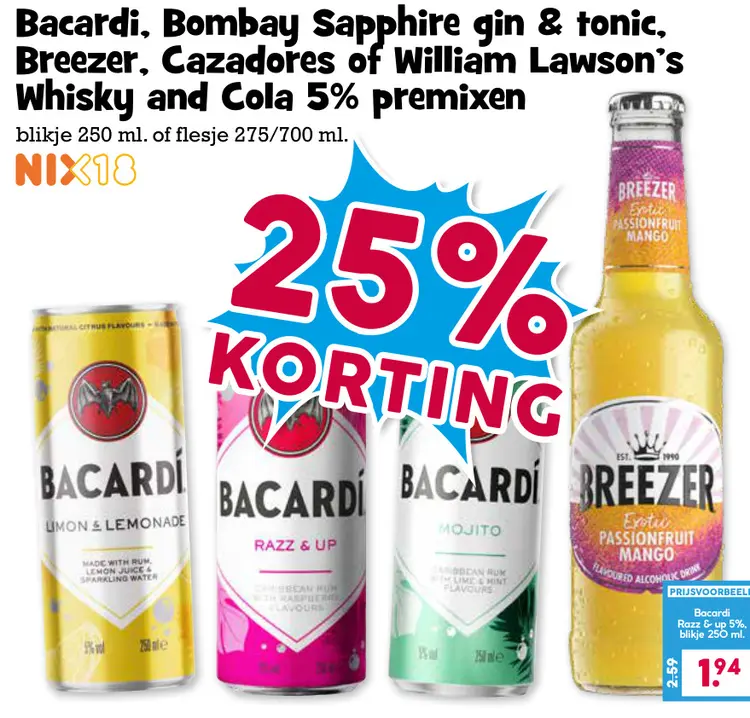 Aanbieding: Bacardi, Bombay Sapphire gin & tonic, Breezer