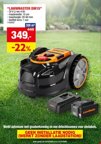Promotie: LawnMaster robotmaaier 24V Li-Ion 300m² + accu 24V 4Ah + lader