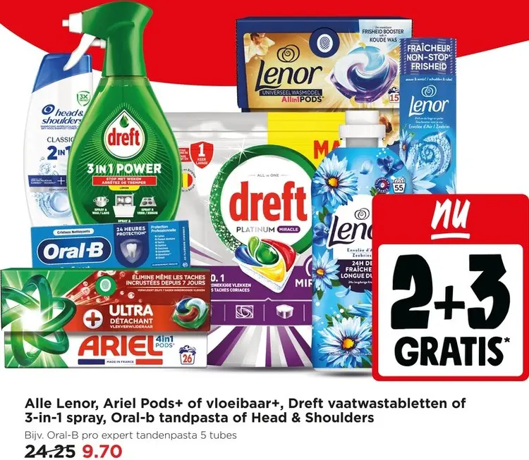 Aanbieding: Lenor, Ariel Pods+ of vloeibaar+, Dreft vaatwastabletten of 3-in-1 spray, Oral-b tandpasta of Head & Shoulders