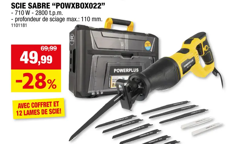 Offre: Powerplus POWXBOX022 scie sabre 710W + 12 accessoires