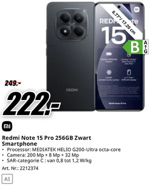 Promotie: Redmi Note 15 Pro 256GB Zwart Smartphone