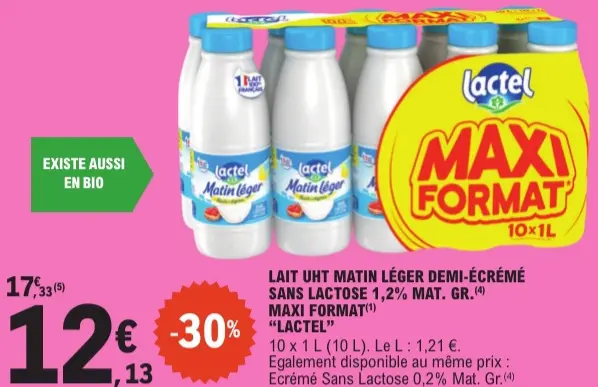 Offre: Lait Uht Matin Léger Demi-Écrémé Sans Lactose 1,2% Mat. Gr.