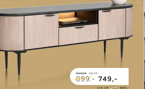 Promotie: Aramon, lowboard 210 cm. - 2-deuren + 1-lade + 1-niche (+ LED)