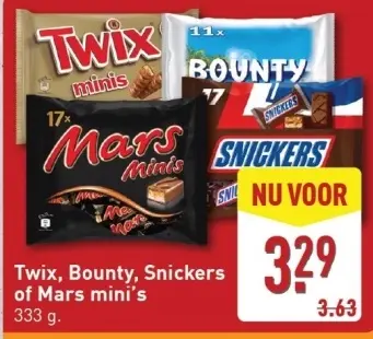 Aanbieding: Twix, Bounty, Snickers of Mars mini's