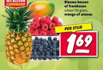 Aanbieding: Blauwe bessen of frambozen, mango of ananas