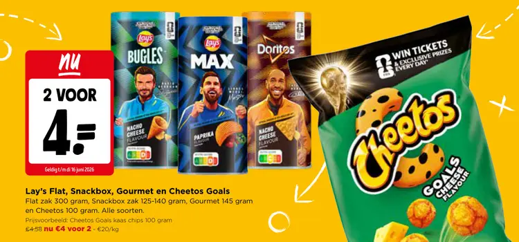 Promotie: Lay's Flat, Snackbox, Gourmet en Cheetos Goals