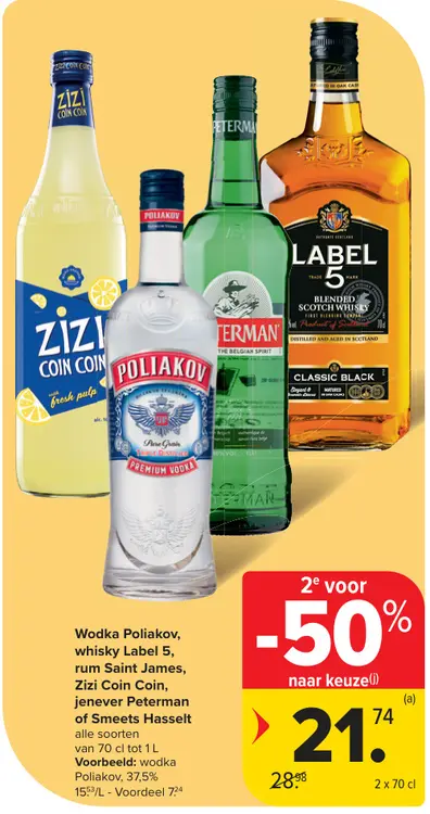 Promotie: Wodka Poliakov, whisky Label 5, rum Saint James, Zizi Coin Coin, Jenever Peterman of Smeets Hassalt