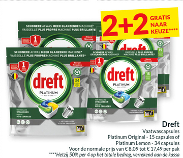 Aanbieding: Dreft Vaatwascapsules Platinum Original - of Platinum Lemon 2+2 GRATIS NAAR KEUZE 