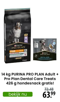 Aanbieding: 14 kg PURINA PRO PLAN Adult + Pro Plan Dental Care Treats 426 g hondesnack gratis!